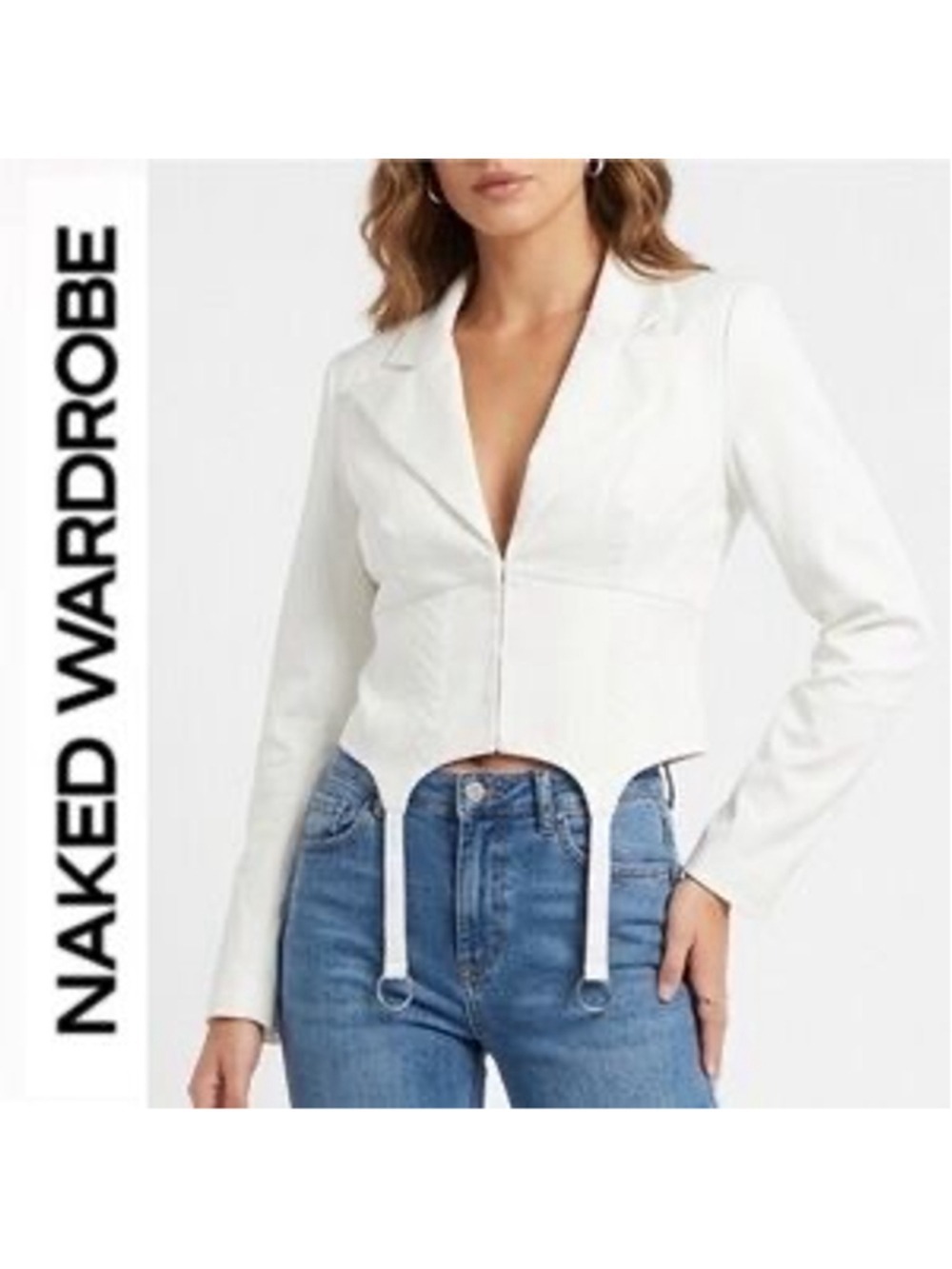 Women's Naked Wardrobe White Garter Detail Blazer Jacket S